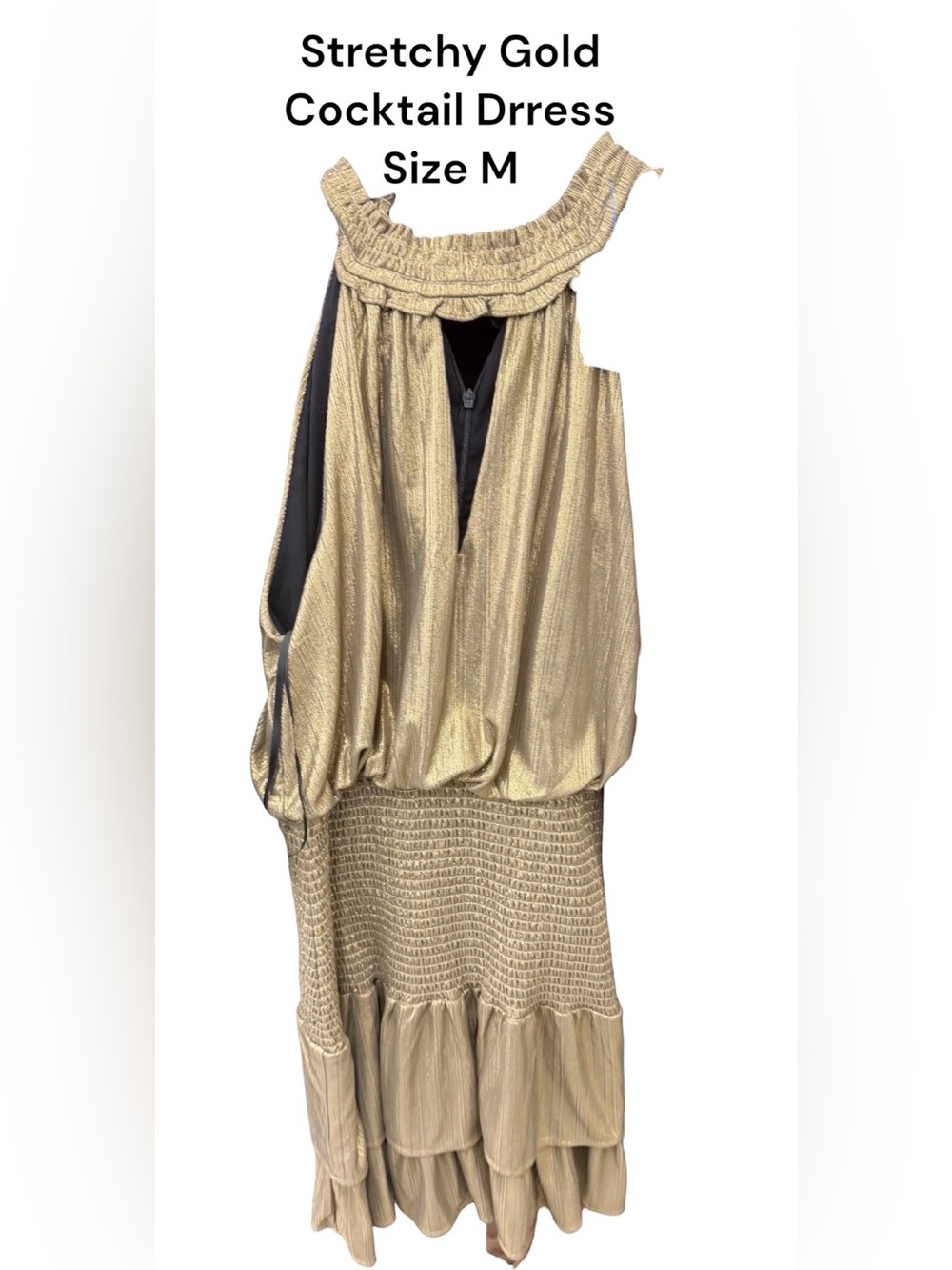 Gold Metallic Smocked-Neck Sleeveless Top